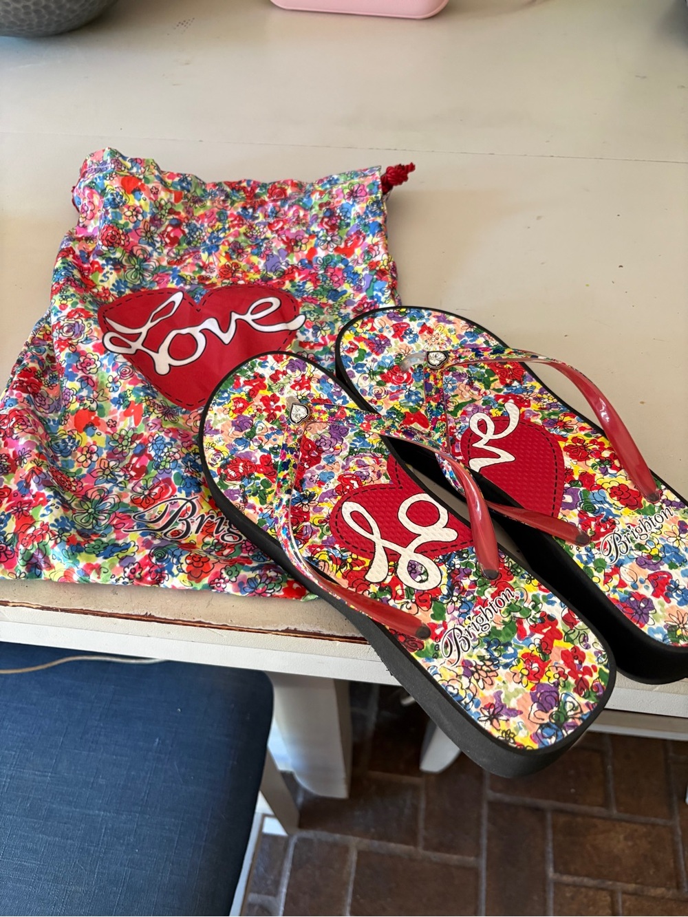 Brighton Multicolor Floral 'Love' Flip Flops with Red Straps